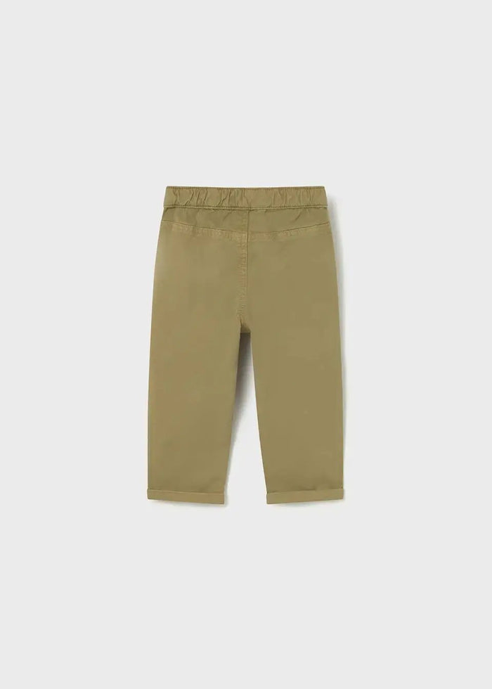 Flat view of Mayoral baby boy twill pants showing solid khaki color and regular-fit shape.