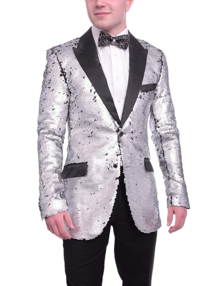 Barabas BLAZERS 3XL Barabas Extra Slim Black Silver Sequin Blazer Sportcoat With Satin Peak Lapels