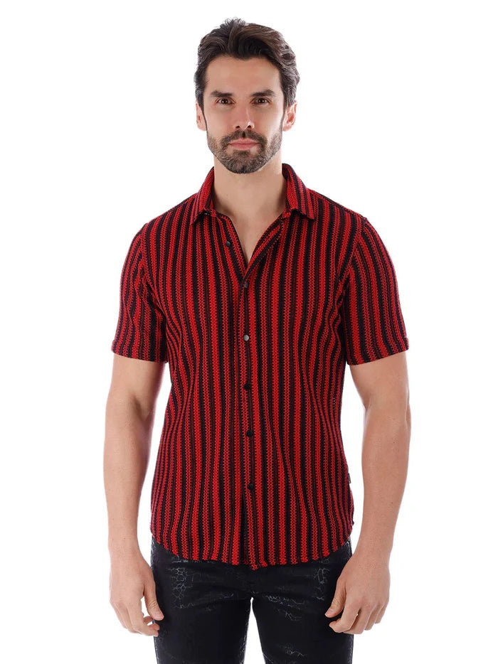 Barabas Mens Red & Black Striped 100% Cotton Knitted Short Sleeve Shirt