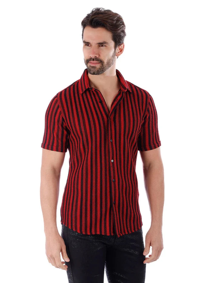 Barabas Mens Red & Black Striped 100% Cotton Knitted Short Sleeve Shirt