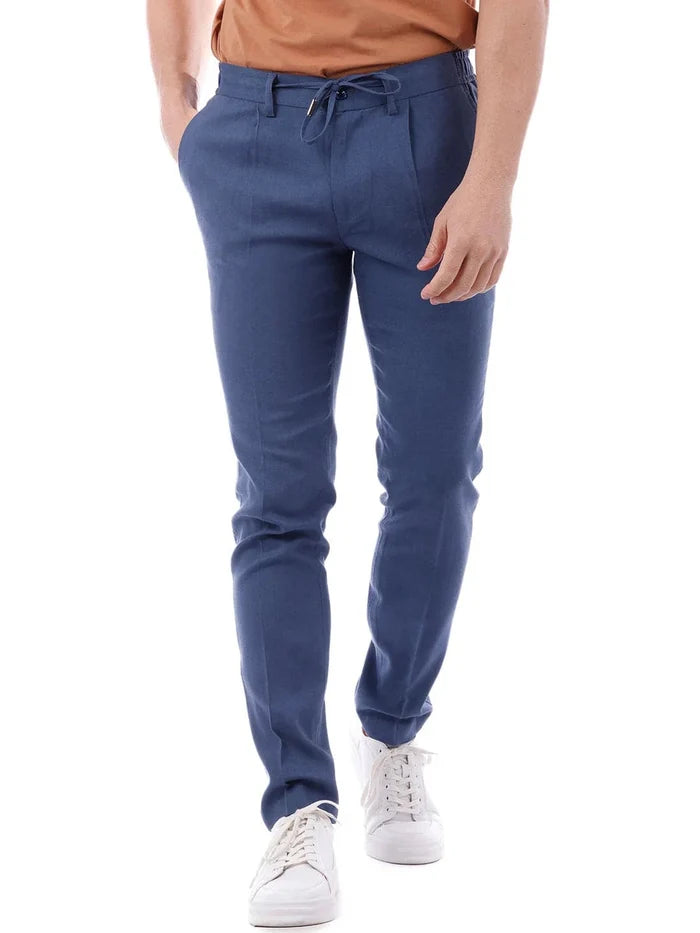 Barabas Mens Slim Fit Solid Blue Linen Cotton Blend Flat Front Dress Pants