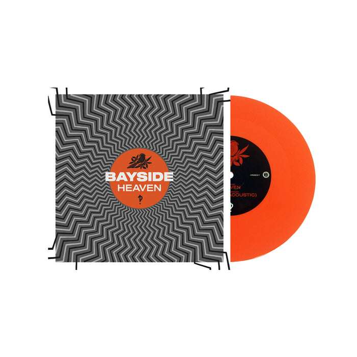 An orange acoustic vinyl record partially slides out of a sleeve with a black and white zigzag design. The center label shows Bayside in bold orange and white letters with a small black bird graphic above the text.