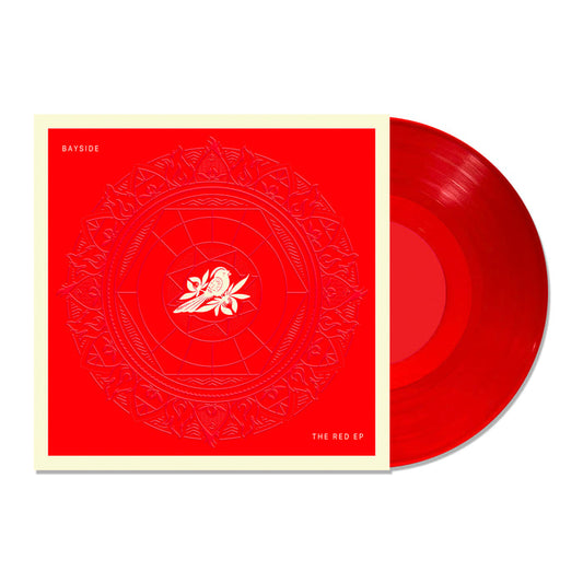 Vinyl album cover for Bayside "The Red EP" on a white background. Cover is Red with a Mandala. White bird on a flower centered. White Text in the corners "Bayside" & "The Blue EP". Vinyl is Transparent Red.