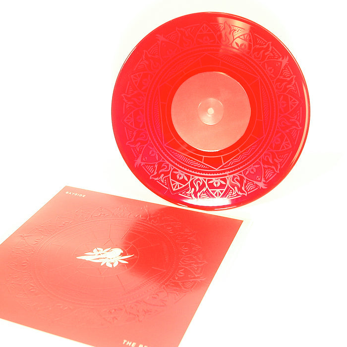 Vinyl album cover for Bayside "The Red EP" on a white background. Cover is Red with a Mandala. White bird on a flower centered. White Text in the corners "Bayside" & "The Blue EP". Vinyl is Transparent Red.