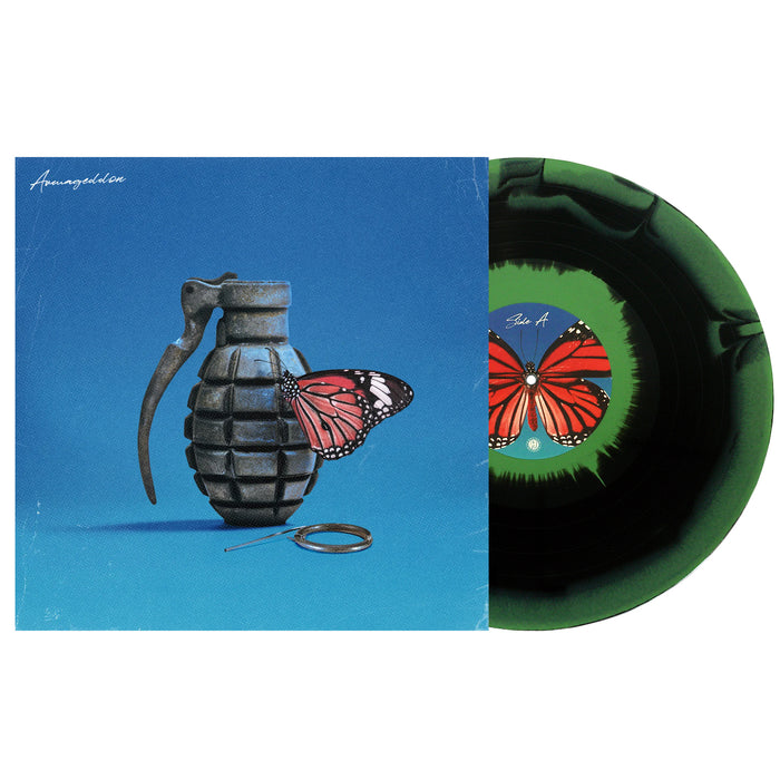 A vinyl record by Between You And Me partially pulled from its cover. The Pleased To Meet You edition shows a grenade with a butterfly on blue, and the limited green/black vinyl displays a red butterfly on the label.