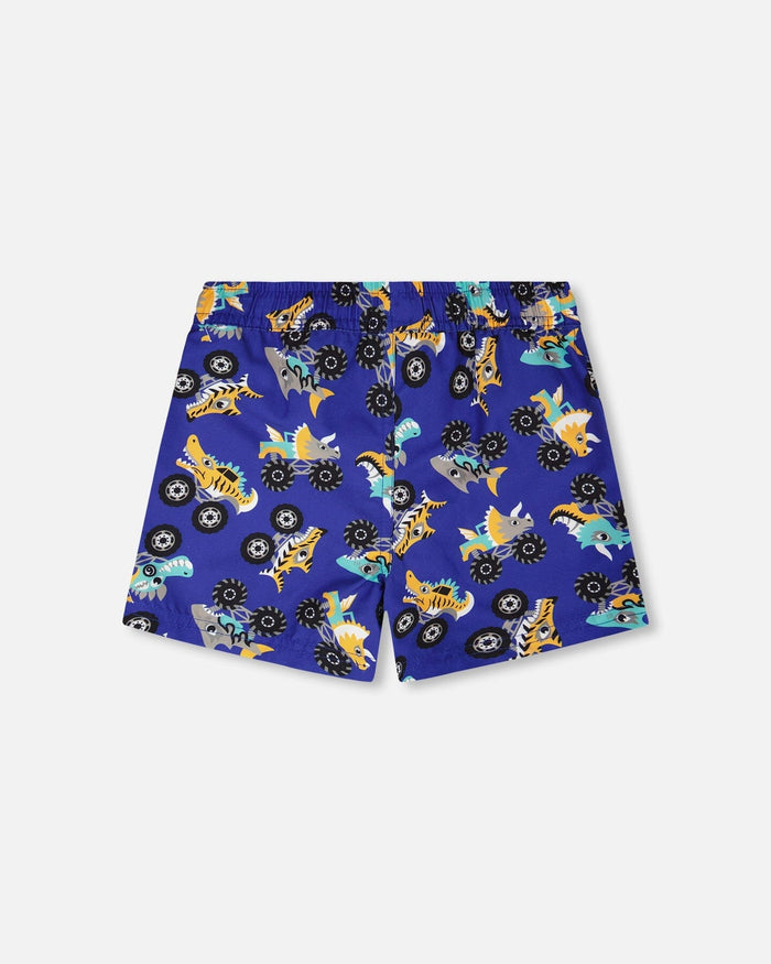 Back view of blue truck print boardshorts for boys