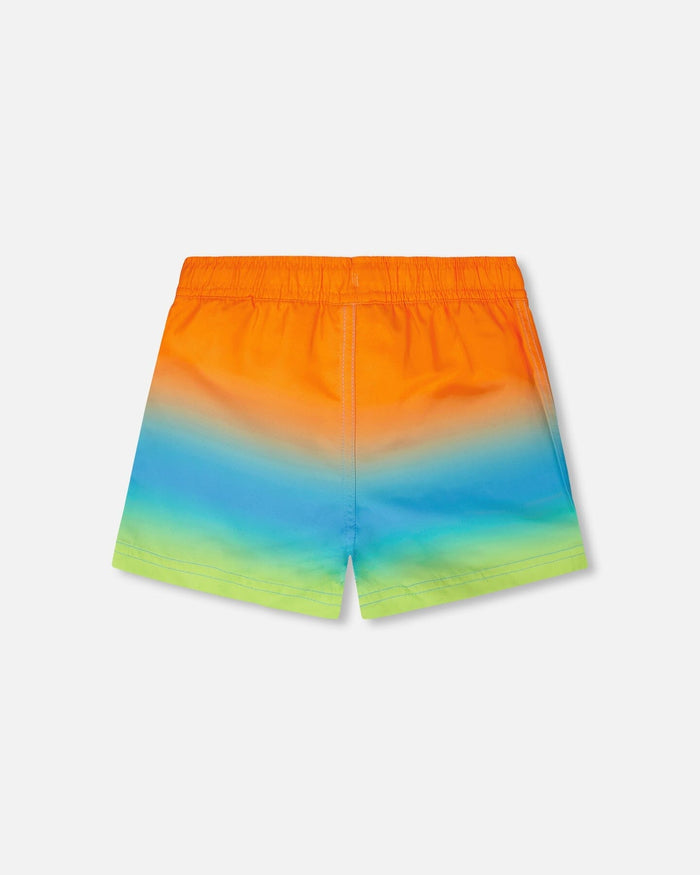 Back view of orange blue green gradient boardshorts for baby and boy