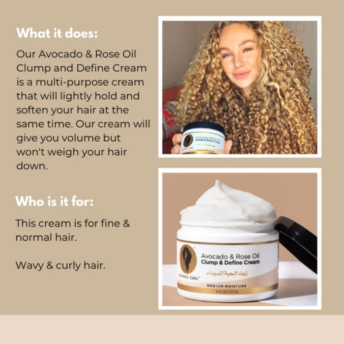 Avocado & Rose Oil Clump & Define Cream for wavy and curly hair, enhancing volume and softness