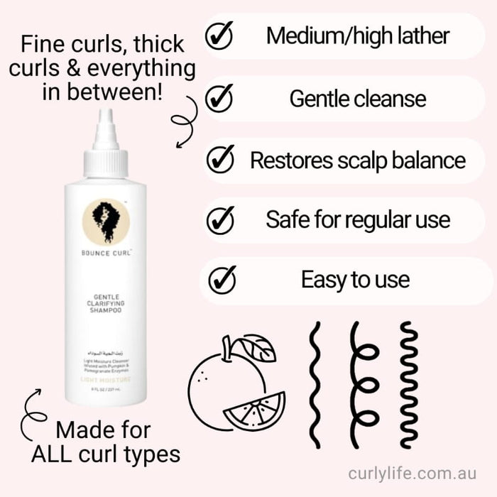 Bounce Curl Gentle Clarifying Shampoo for all curl types, with medium lather, scalp balance, and easy use