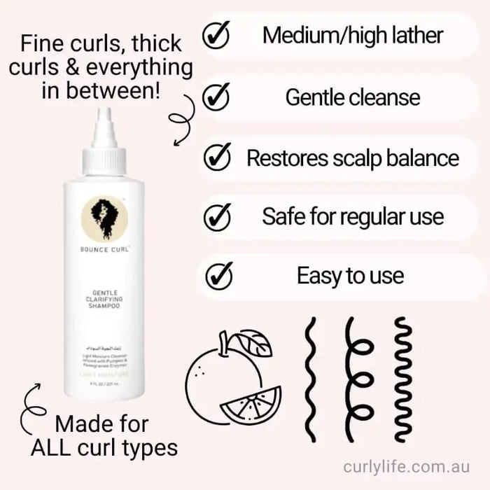 Bounce Curl Gentle Clarifying Shampoo for all curl types, featuring medium lather, scalp balance, and easy use