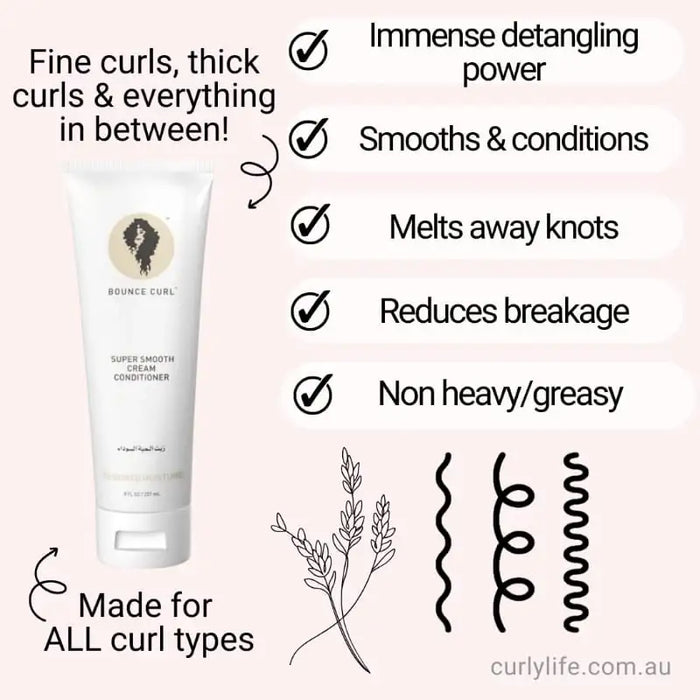 Bounce Curl Super Smooth Cream Conditioner for all curl types, detangles, smoothes, and reduces breakage