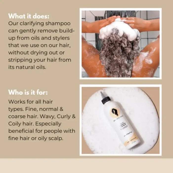 Curly hair being washed with clarifying shampoo, gentle on curls, ideal for wavy, curly & coily hair types
