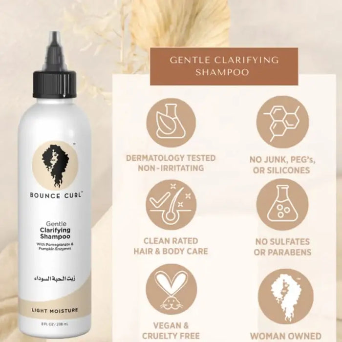 Bounce Curl Gentle Clarifying Shampoo bottle with pomegranate & pumpkin enzymes, vegan, sulfate-free, dermatology tested for curly hair care