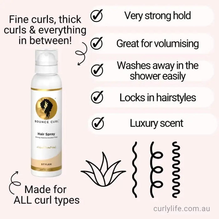 Bounce Curl Hair Spray for all curl types – strong hold, volumizing, luxury scent, washes out easily