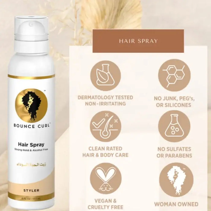 Bounce Curl Hair Spray for strong hold, alcohol-free, vegan & cruelty-free, dermatology tested, no sulfates or silicones