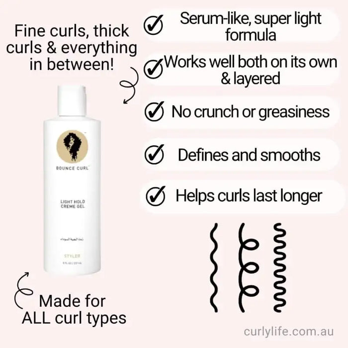 Bounce Curl Light Hold Creme Gel for all curl types, defines and smooths without crunch