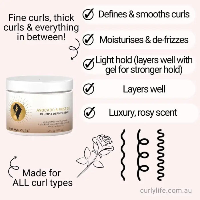 Bounce Curl Avocado & Rose Oil Clump & Define Cream for all curl types, defines, moisturizes, layers well, luxury scent