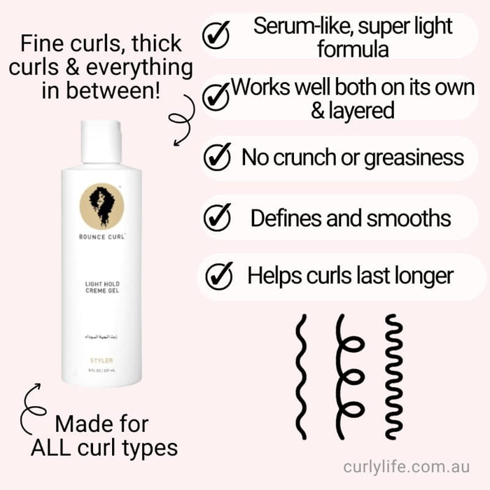 Bounce Curl Light Hold Creme Gel for all curl types, defines and smooths without crunch