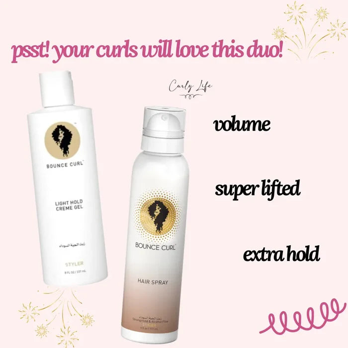 Bounce Curl light hold creme gel and hair spray for volume, lift, and extra hold for curly hair