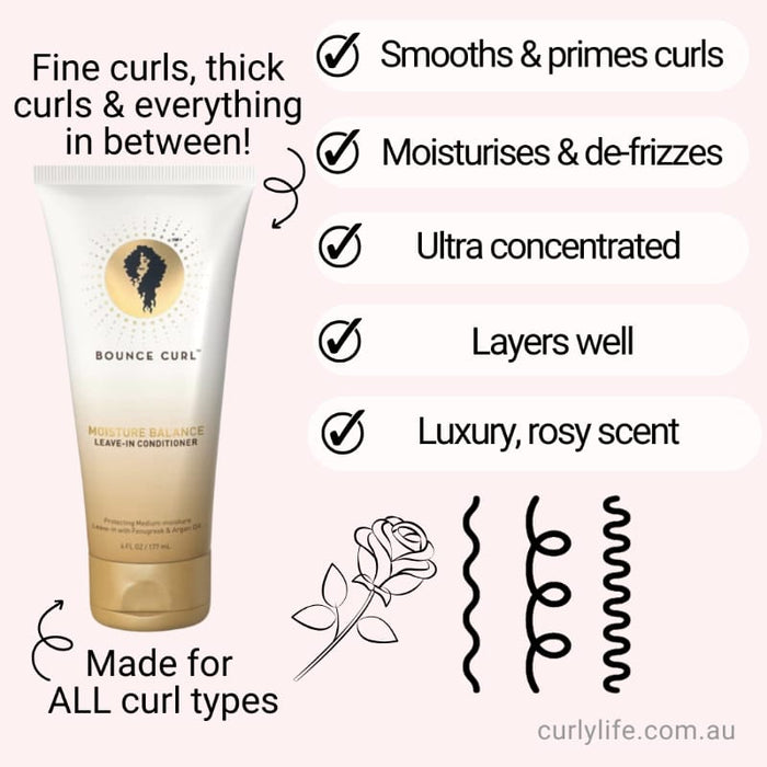 Bounce Curl Moisture Balance Leave-In Conditioner for all curl types, smooths, moisturizes, and layers with rosy scent