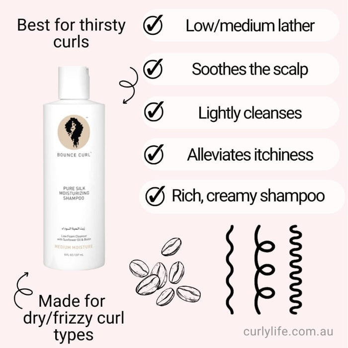 Bounce Curl Pure Silk Moisturizing Shampoo for thirsty, dry, frizzy curls – rich, creamy, soothes scalp