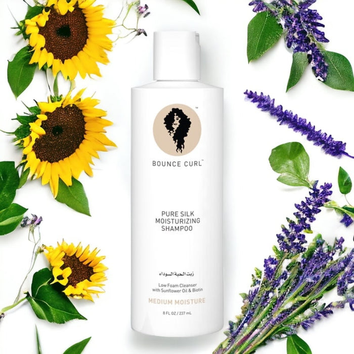 Bounce Curl Pure Silk Moisturizing Shampoo with sunflowers and lavender, ideal for curly hair care