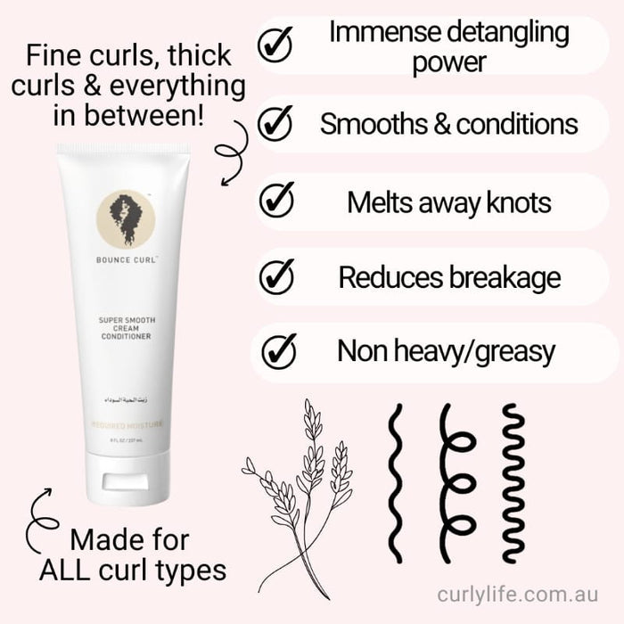 Bounce Curl Super Smooth Cream Conditioner for all curl types, detangles, smooths, reduces breakage, non-greasy