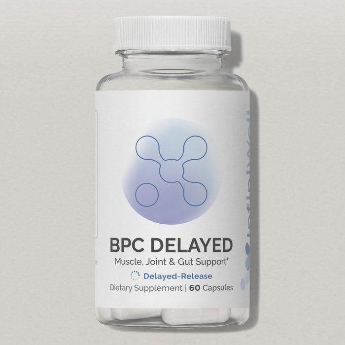 Front label of InfiniWell BPC Delayed delayed-release dietary supplement bottle with 60 capsules on white background.
