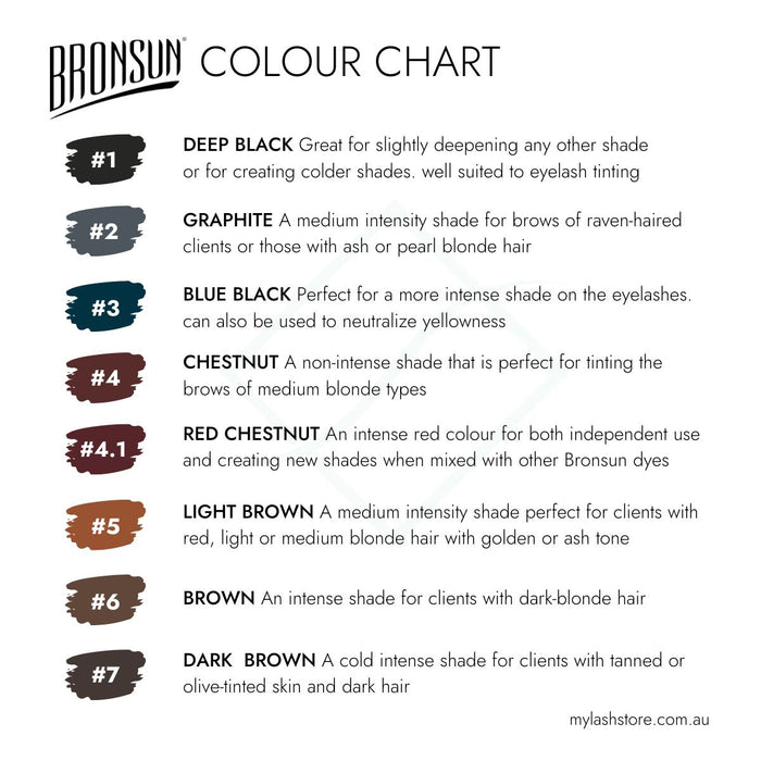 Bronsun Lash & Brow Gel Dye Colour Chart - My Lash Store