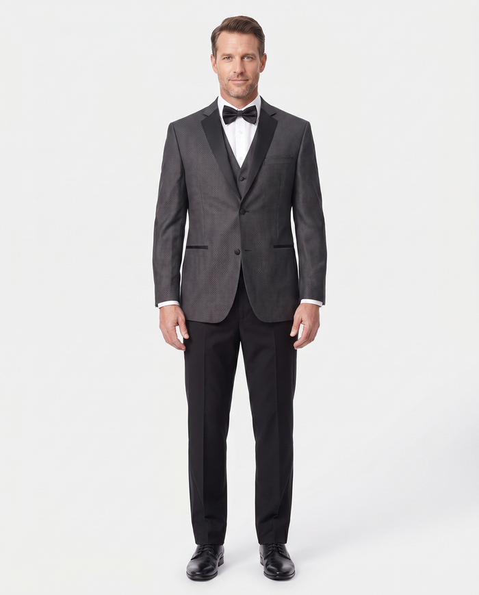 Caravelli Mens Black Pindot Slim Fit 3 Piece Tuxedo Suit With Satin Lapels - The Suit Depot