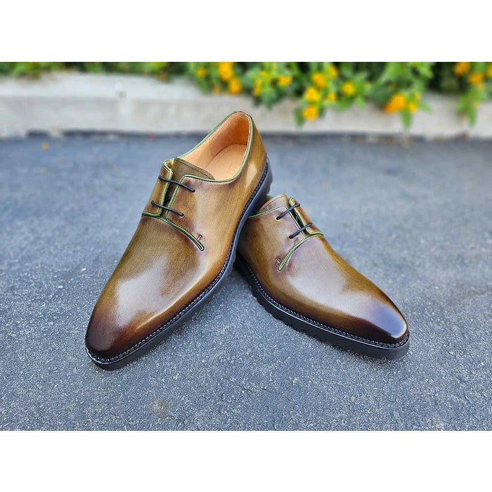 Carrucci Mens Olive Green Lace-up Oxford Leather Dress Shoes With Lug Sole