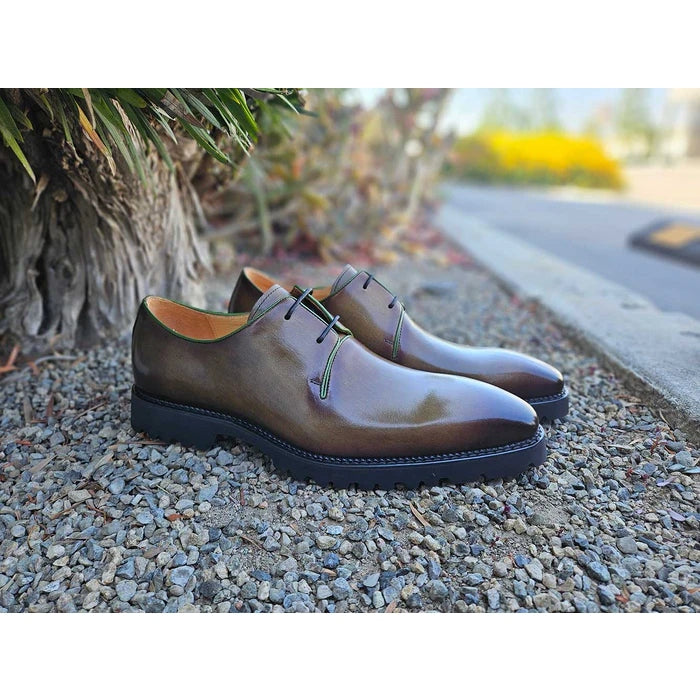 Carrucci Mens Olive Green Lace-up Oxford Leather Dress Shoes With Lug Sole