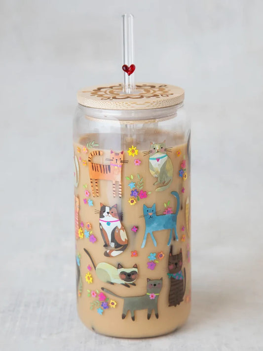 Cat Glass Tumbler With Lid & Straw