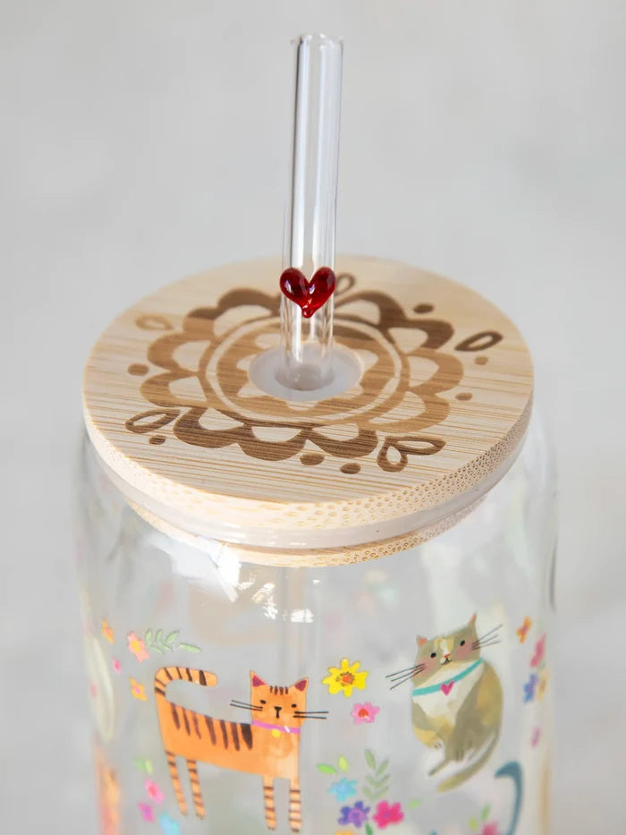 Cat Glass Tumbler With Lid & Straw