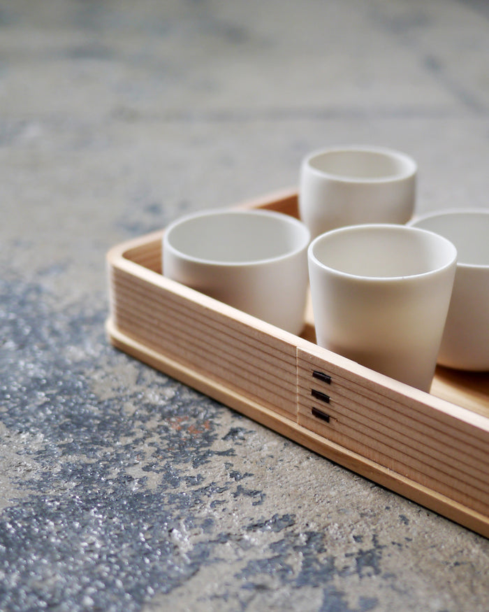 Rectangle Cedar Tray with white porcelain cups inside