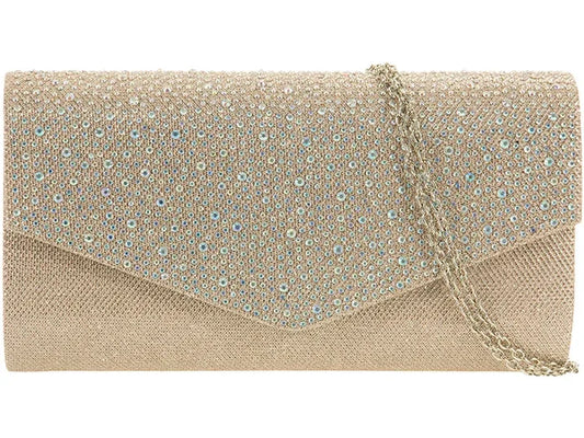 Champagne Glitter & Diamante Clutch Bag