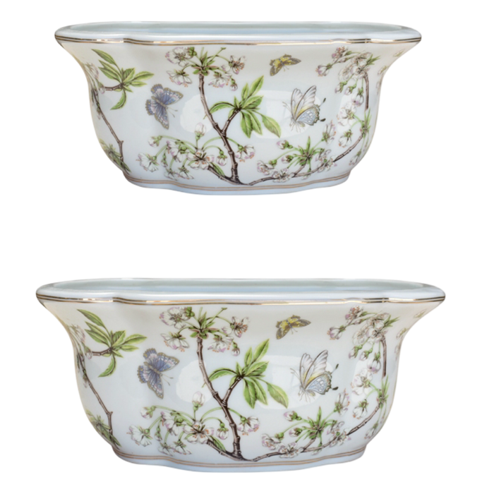 cherry blossoms planter, porcelain oval planter, garden planters, indoor outdoor planters, floral ceramic planter, decorative plant pot, oval flower pot, set of 2 planters, blue and white garden decor, cherry blossom decor