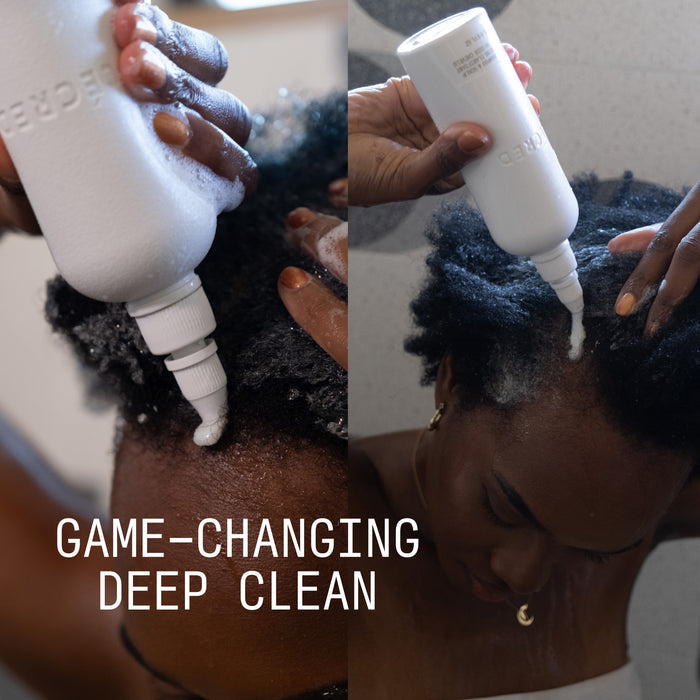 Side-by-side images of Cécred Clarifying Shampoo & Scalp Scrub being applied directly to scalp with nozzle tip, showing foaming deep clean with Game-Changing Deep Clean text overlay