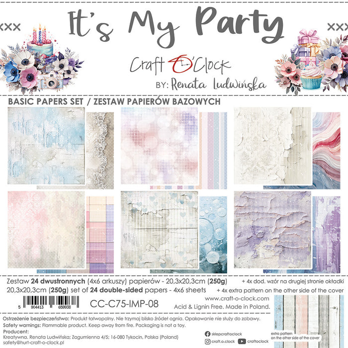 Craft O'Clock - 8X8 Basics Paper Pad - It's My Party. Available at Embellish Away located in Bowmanville Ontario Canada.