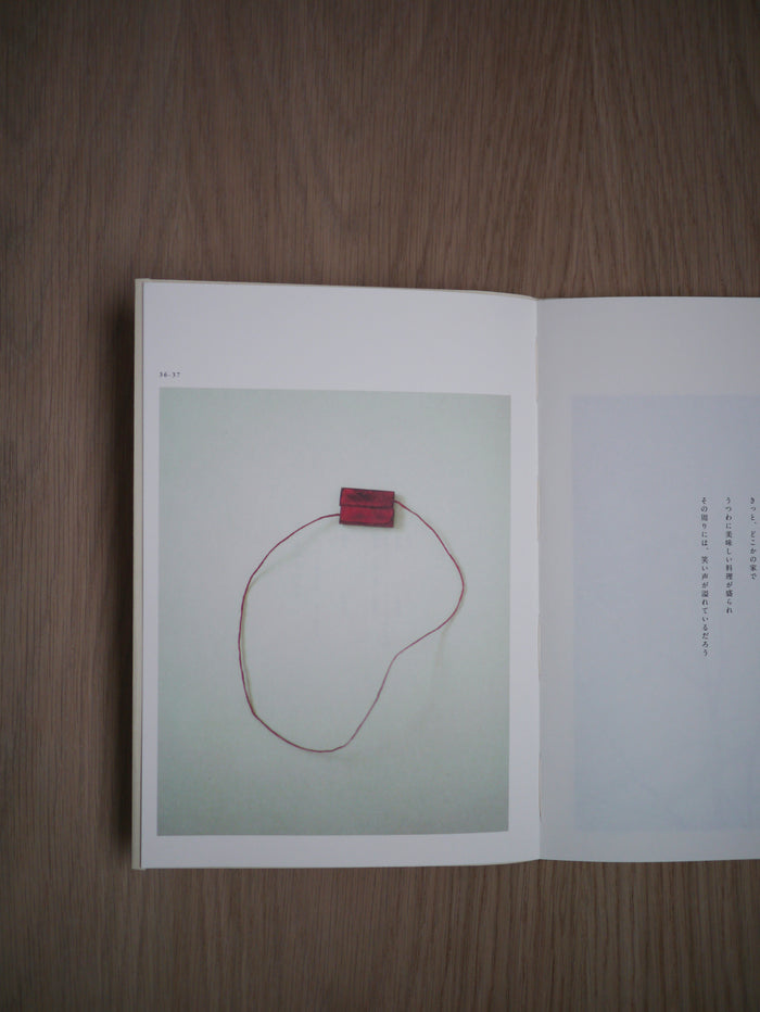 Top view of Crafts, and Then book by Ryuji Mitani open to a picture of a red art piece against light wood background.