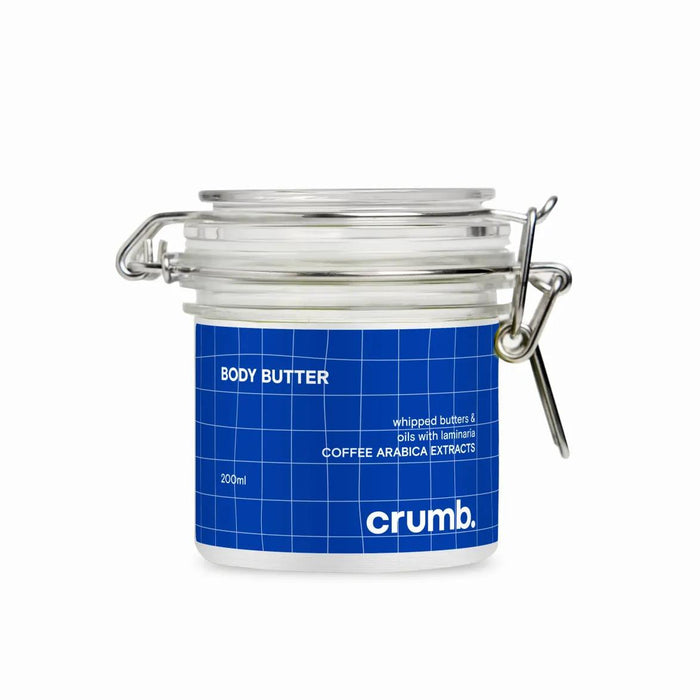 Crumb Body butter container with blue label on a white background