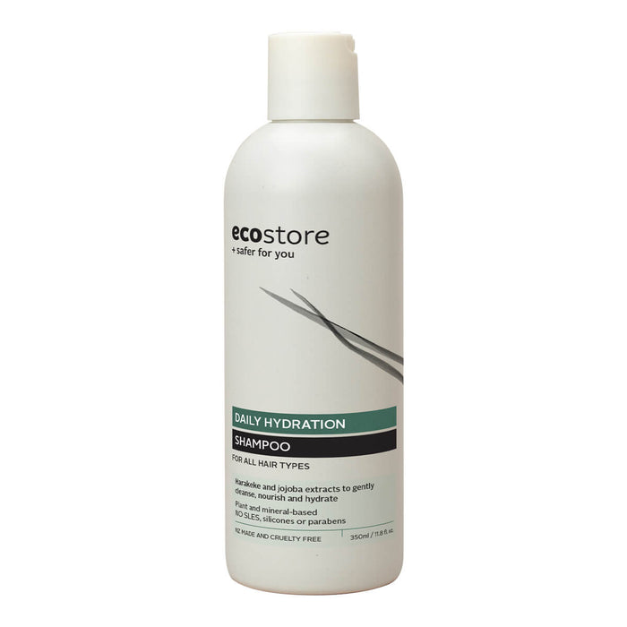 White 350ml bottle made from renewable sugar plastic. ecostore Daily Hydration Shampoo is a plant & mineral based formula to cleanse & nourish all hair types. Harakeke and jojoba extracts.