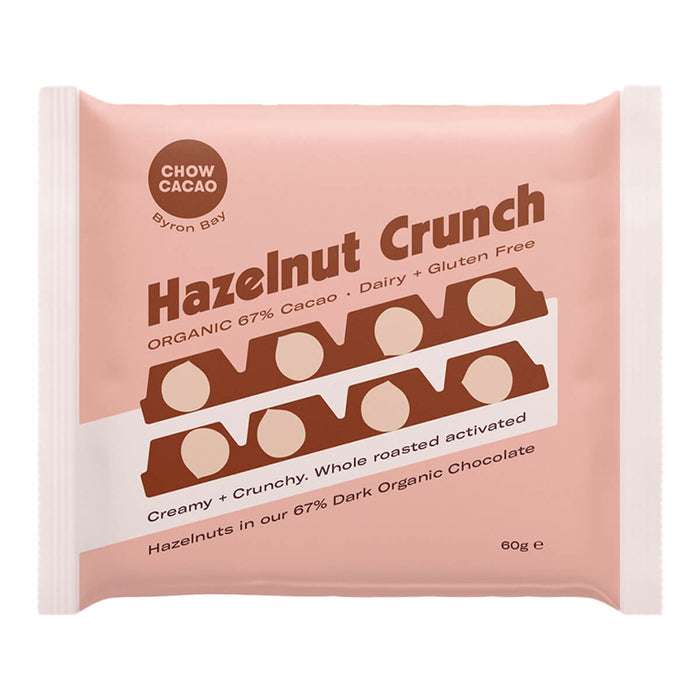60g Chow Cacao Dark Chocolate Block in Hazelnut Crunch flavour. Made with 67% organic chocolate.