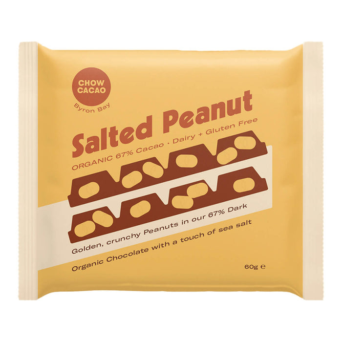 60g Chow Cacao Dark Chocolate Block in Salted Peanut flavour. Made with 67% organic chocolate.