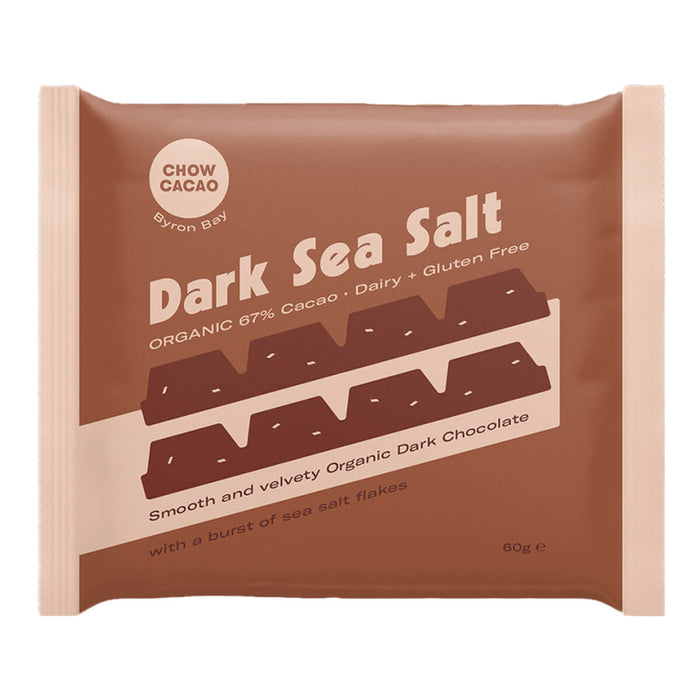 60g Chow Cacao Dark Chocolate Block in Sea Salt flavour. Made with 67% organic chocolate.