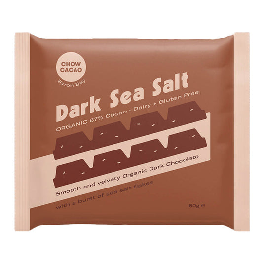 60g Chow Cacao Dark Chocolate Block in Sea Salt flavour. Made with 67% organic chocolate.