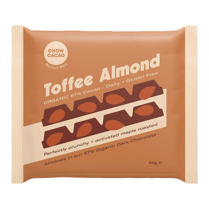 60g Chow Cacao Dark Chocolate Block in Toffee Almond flavour. Made with 67% organic chocolate.