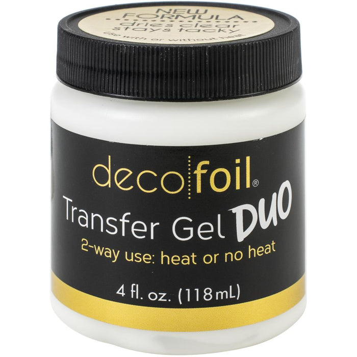 Deco Foil - Transfer Gel DUO 4Fl Oz. Deco Foil has reformulated the transfer gel to work with or without heat. You can transfer using heat or pressure from a die-cutting machine. Permanent transfer medium that dries clear and remains tacky for easy use. This package contains 4oz of transfer gel. Made in USA. Available at Embellish Away located in Bowmanville Ontario Canada.