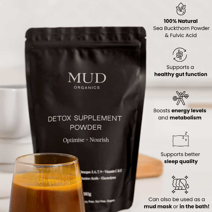 MUD Organics detox supplement powder packaging with a glass of powder and benefits listed.