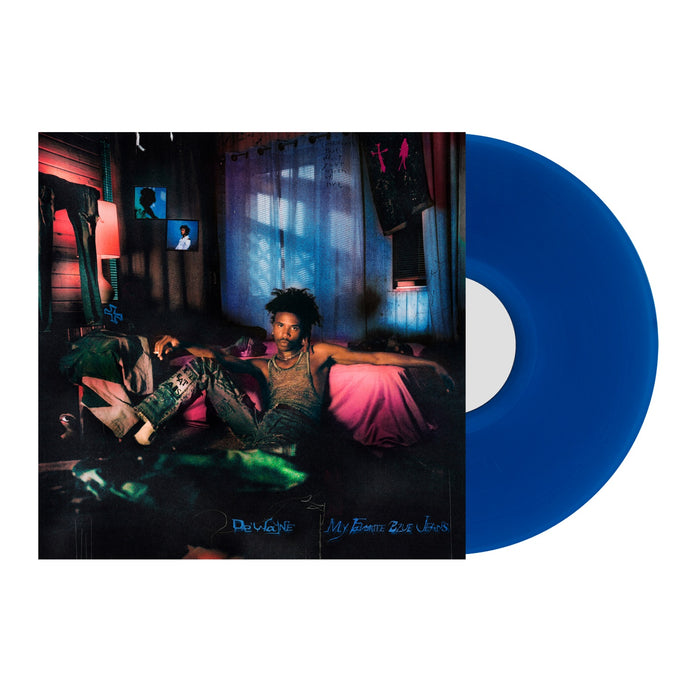 Vinyl album cover of De'Wayne "My Favorite Blue Jeans" on Transparent Blue vinyl on a white backgroud. Album cover show De'Wayne in a room lounging near a bed.